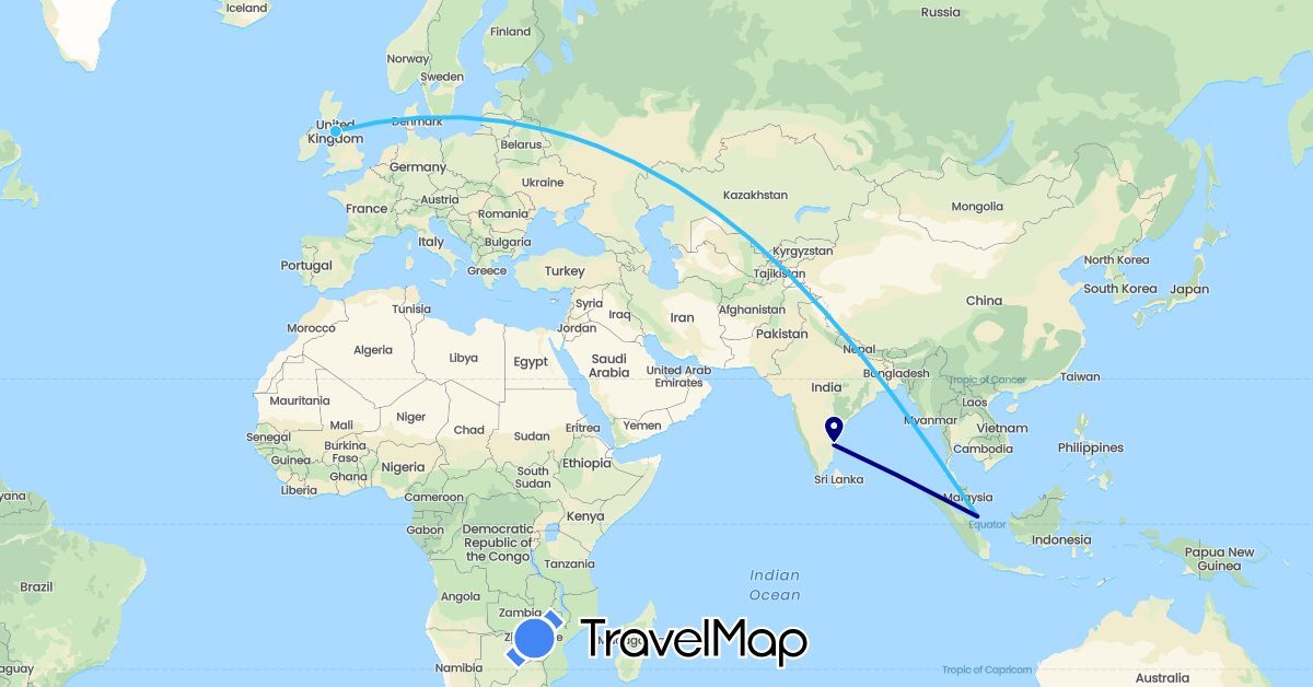 TravelMap itinerary: driving, boat in United Kingdom, India, Singapore (Asia, Europe)
